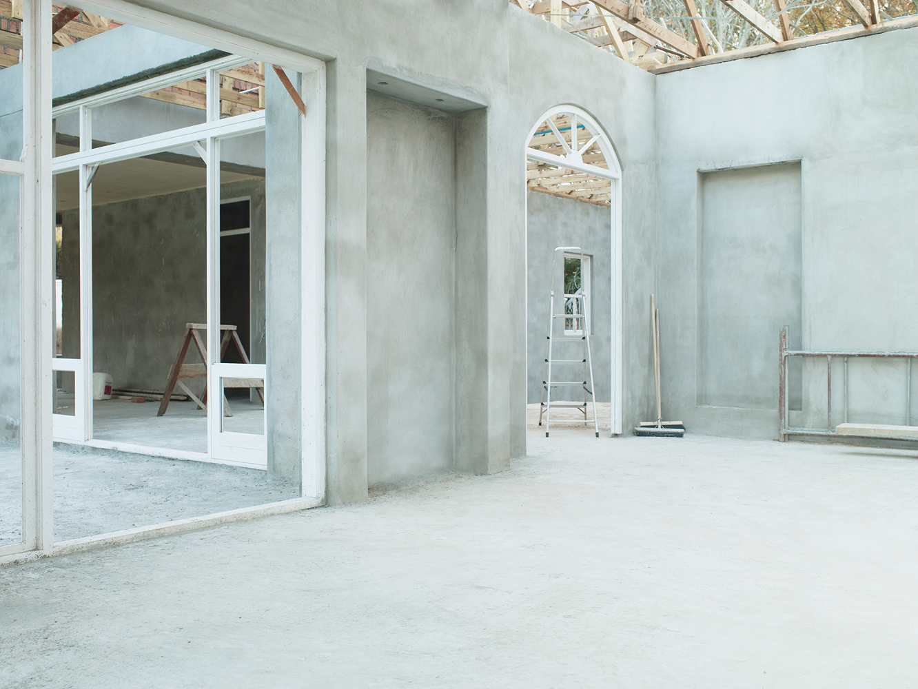Unfinished interior of a modern concrete building.
