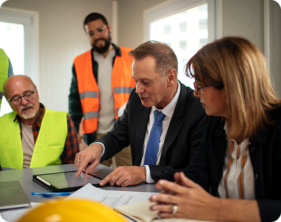 Construction team meeting with digital tablet.